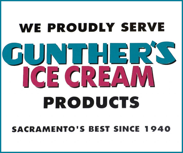We are proud to serve Gunther's Ice Cream. Today we have Vanilla, Chocolate, Black Raspberry Marble, Lemon Custard, Bing Cherry, and Salted Caramel. Have a Scoop by itself, Covered in Ghirardelli Chocolate Sauce, or with a Locally Roasted Coffee Brewed Right Over Top.