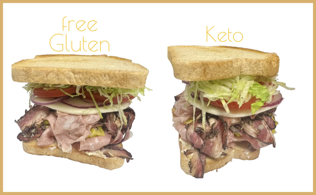 Gluten free? Keto? No Problem. Here is a Customer’s Sandwich that Fits Both of Those Requirements! THE BOBBY has Thinly Sliced Mortadella, NY Style Pastrami, Provolone Cheese, Dijon Mustard, Mayonnaise, Oil & Vinegar, Shredded Lettuce, Red Onion and Tomato (They Added Pepperoncini Peppers Too!!)! Our Gluten Free Bread Option is also Keto with only ONE Net Carb Per Slice.